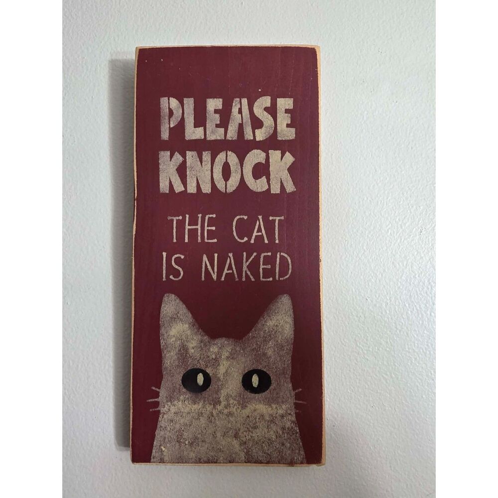 Solid Wood "Please Knock" Cat Sign